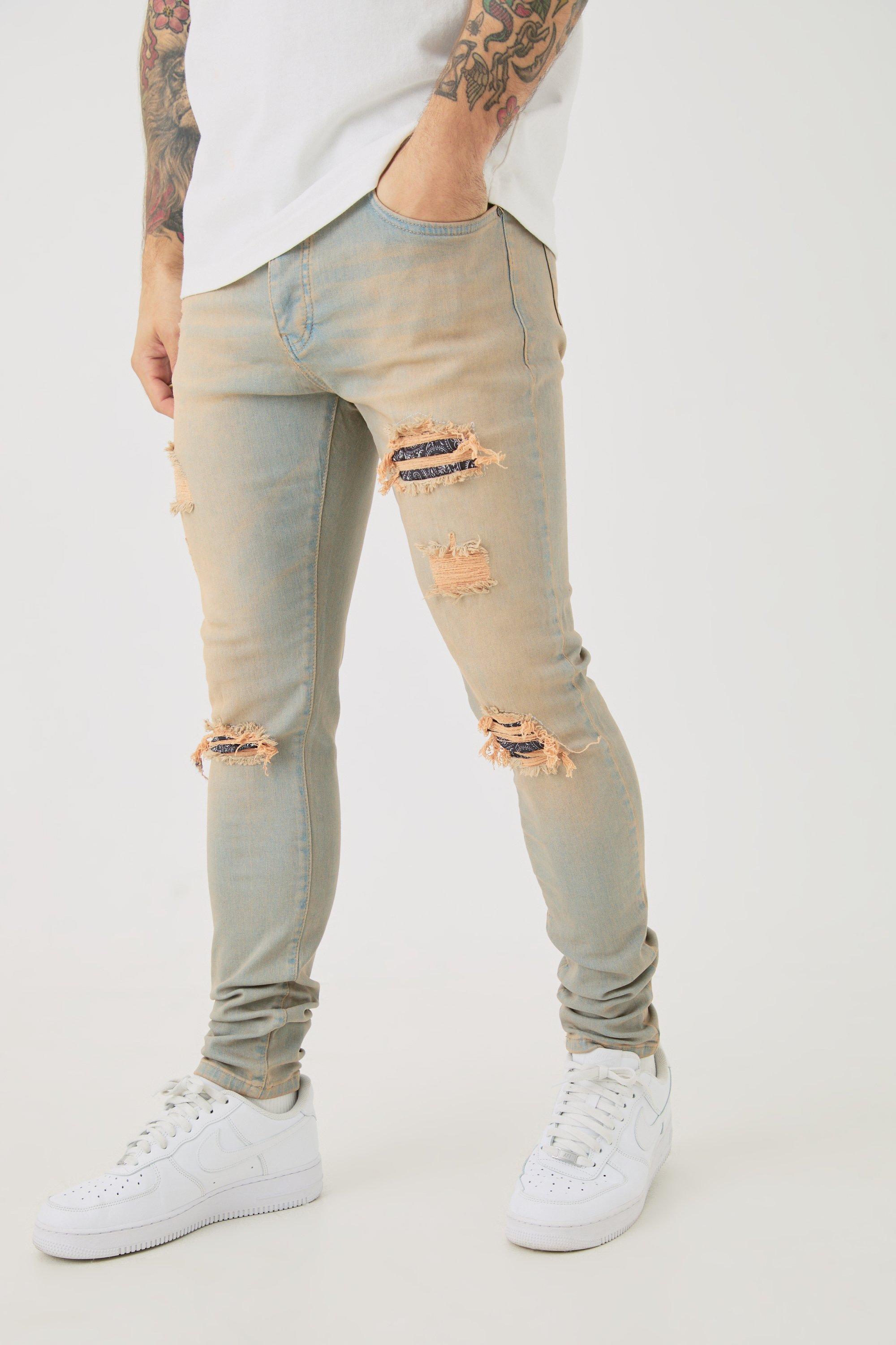 Skinny Stretch Ripped Bandana Jeans In Antique Wash, Grigio