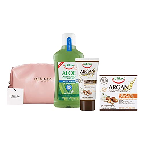 Equilibra Kit : Aloe Collutorio Tripla Azion - Argan Crema Viso Nutriente - Argan Crema Viso Anti-Rughe + Pochette