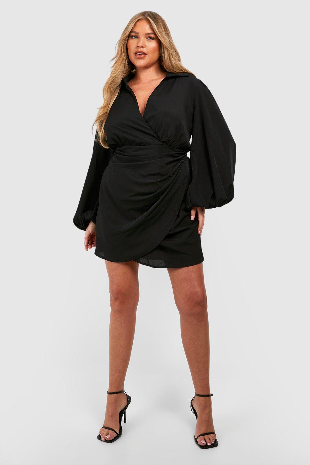Plus Satin Ruched Shirt Dress, Nero