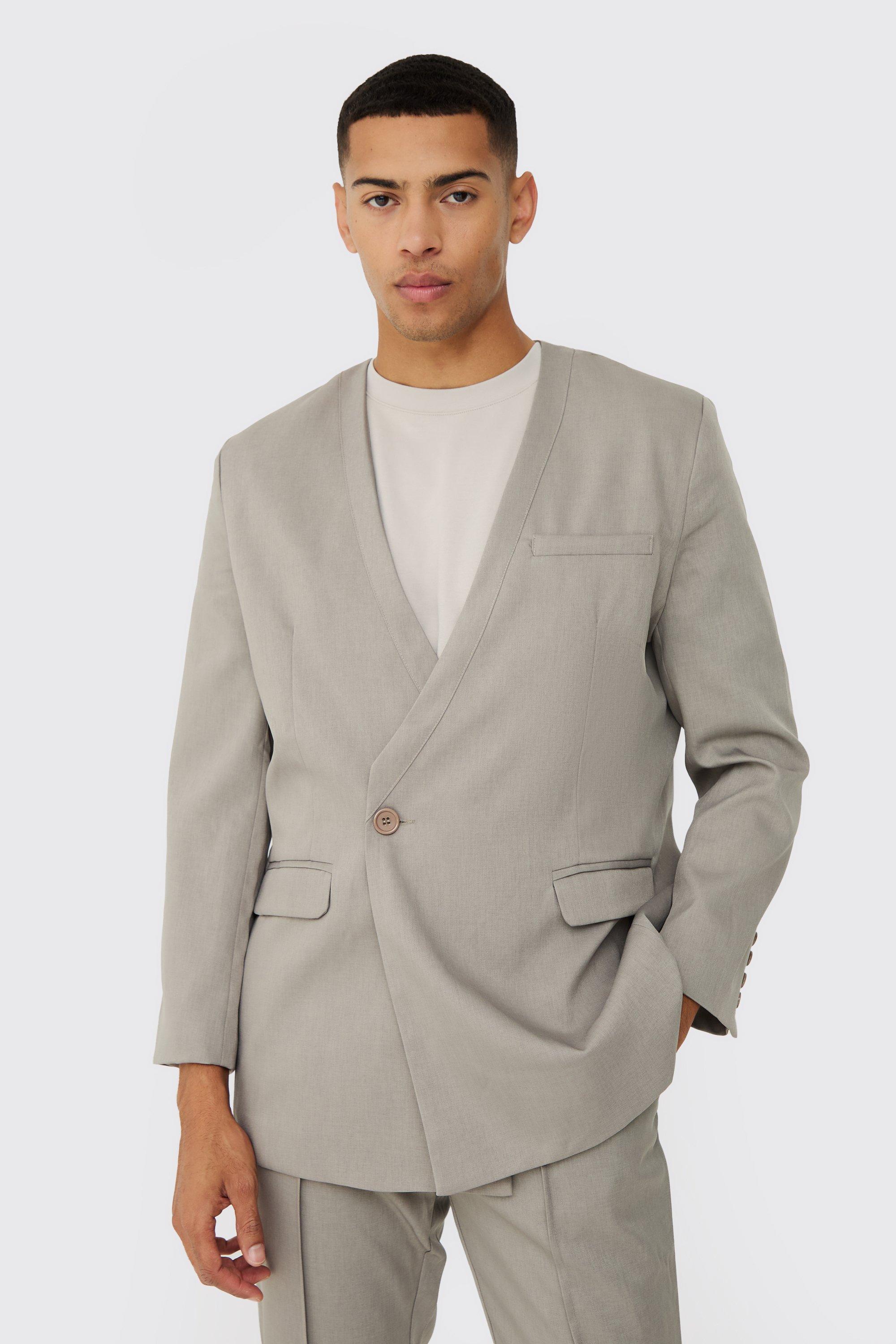 Collarless Straight Blazer, Grigio