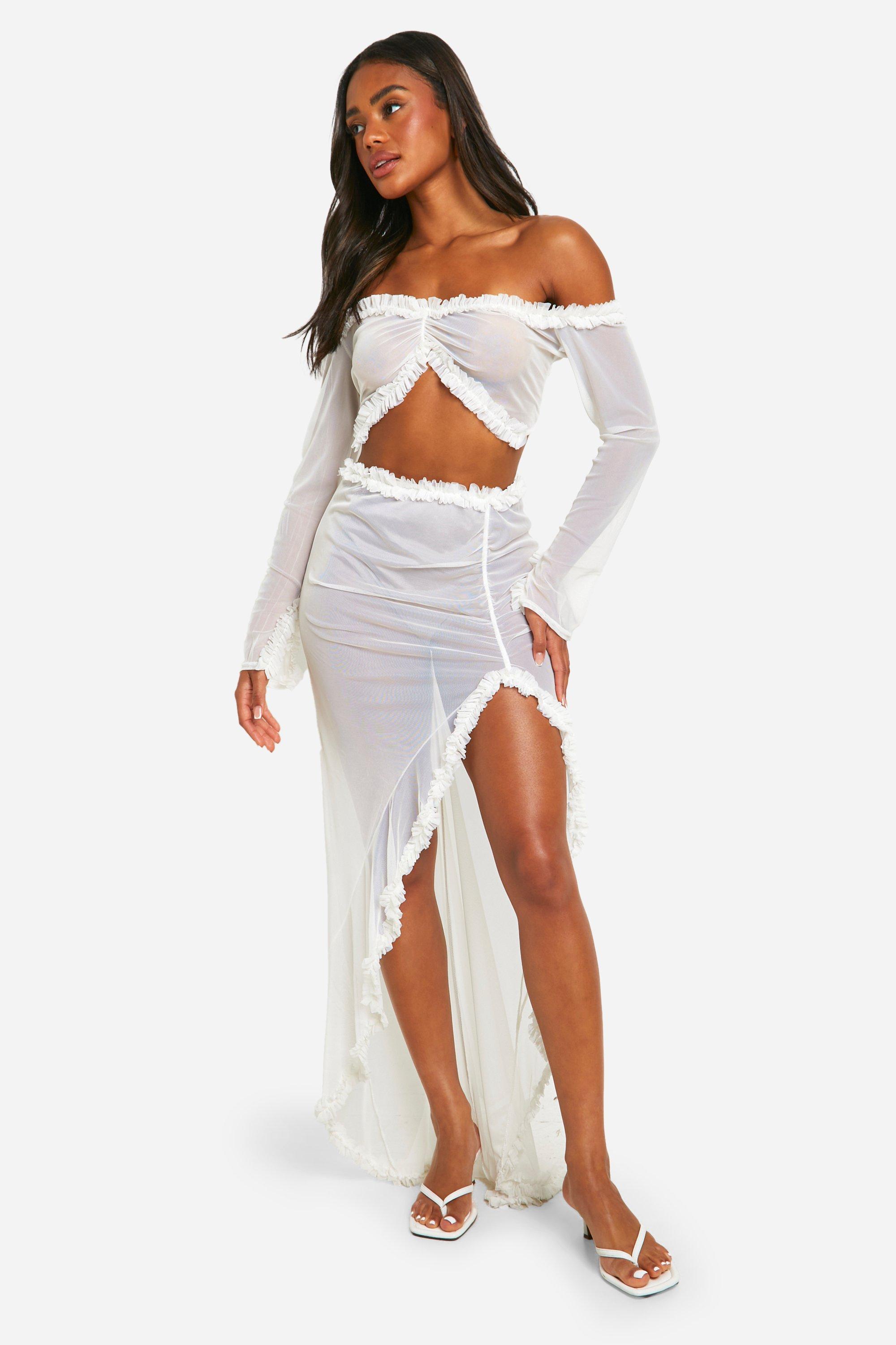 Ruffle Mesh Maxi Skirt, Bianco