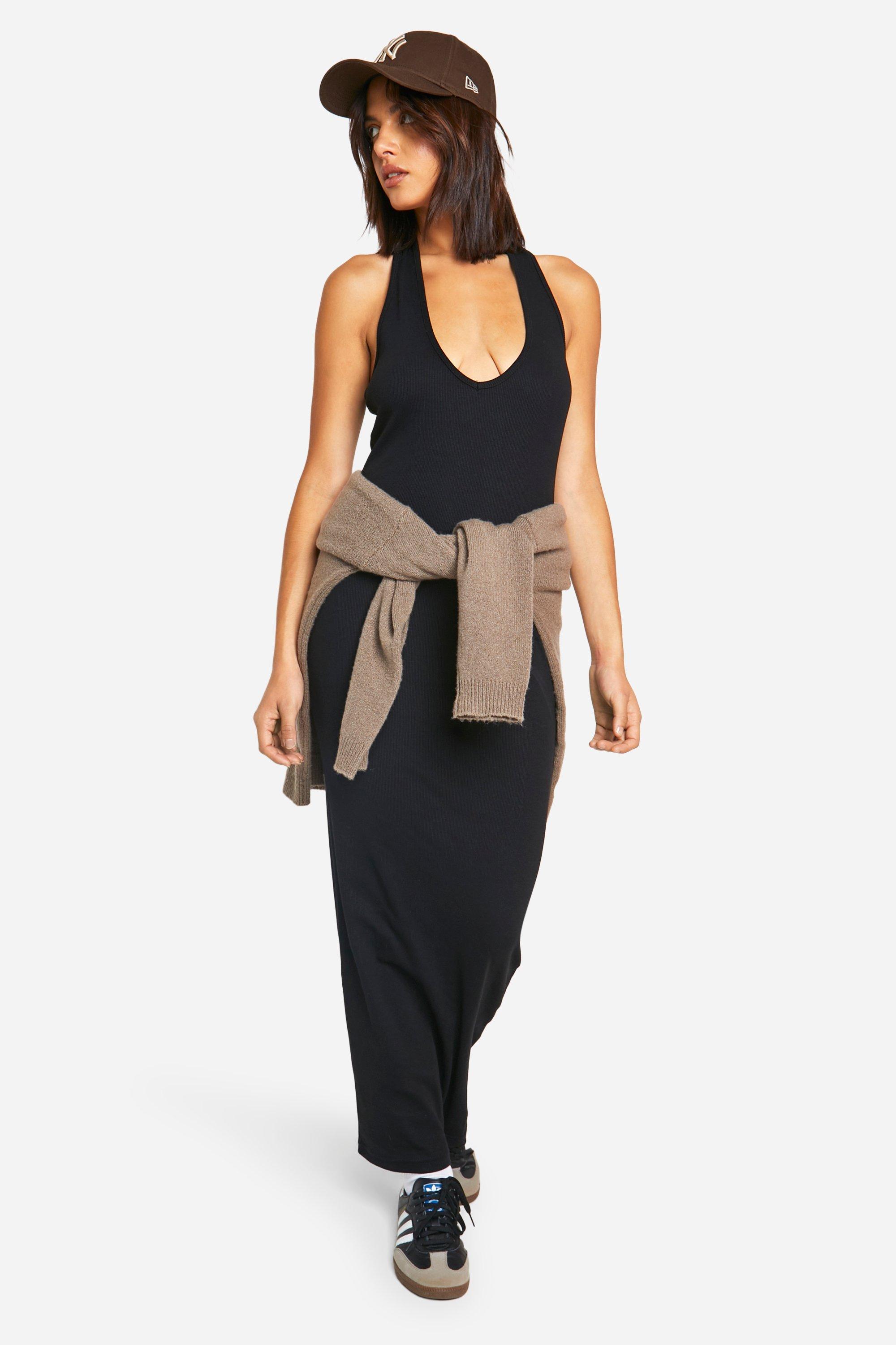 Basic Rib Plunge Hlater Maxi Dress, Nero