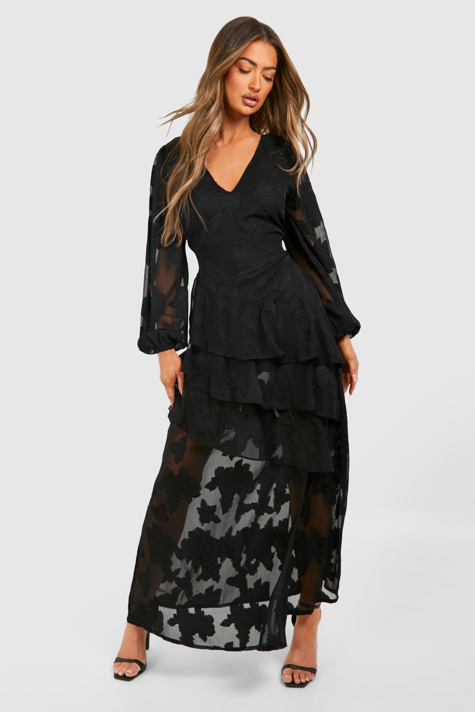 Vestito maxi in burnout a fiori con volant, Nero