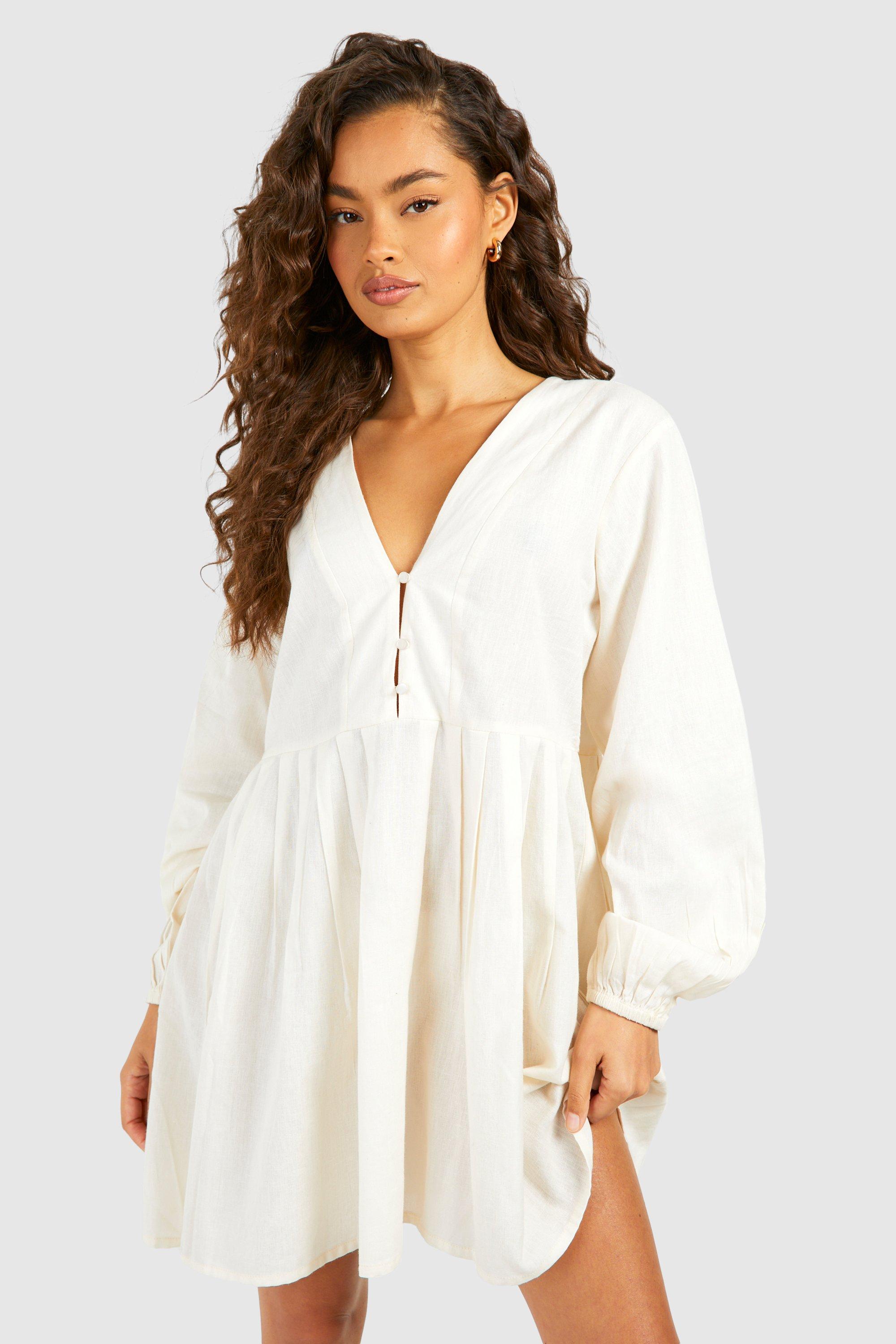 Long Sleeve Smock Dress, Beige