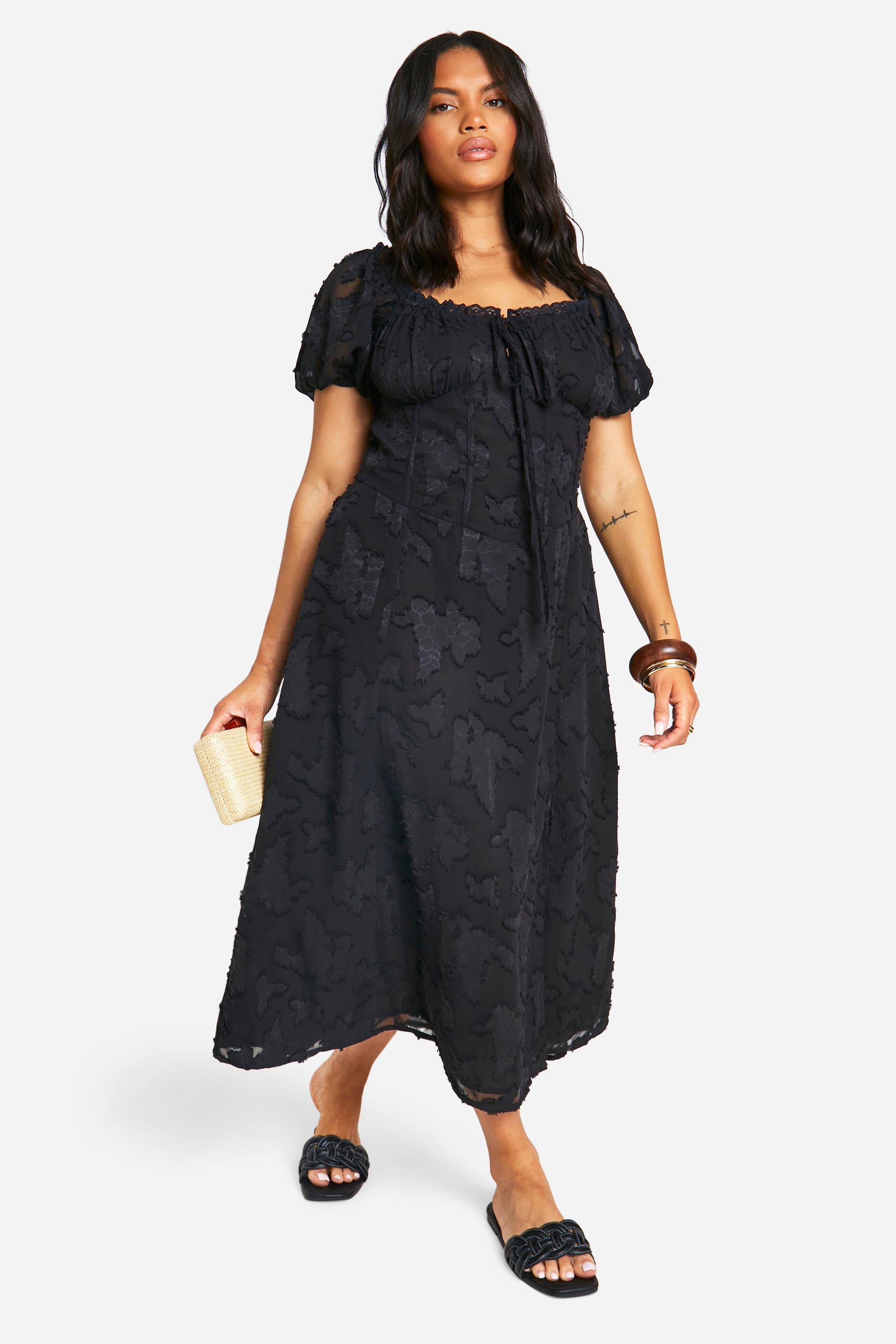 Plus Burnout Milkmaid Midi Dress, Nero