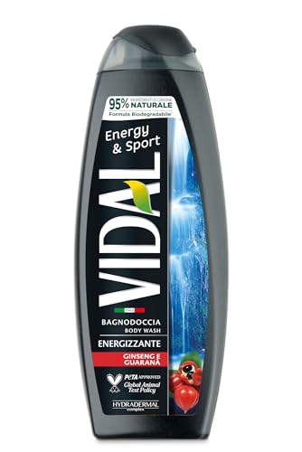 Vidal - Bagnoschiuma Energy & Sport, Formula Energizzante, Con Estratti Di Ginseng E Guaranà, Dermatologicamente Testato, 500Ml