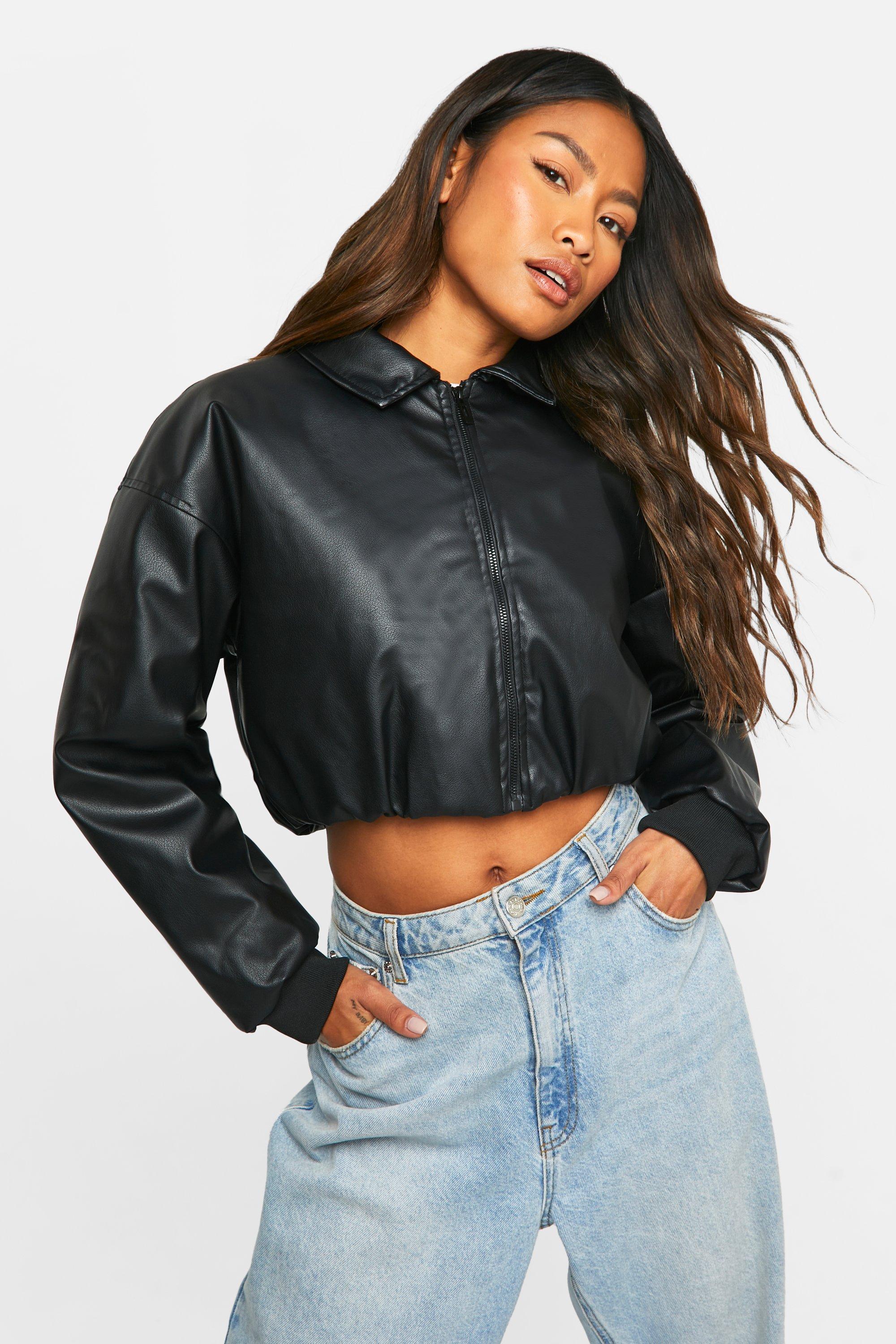 Faux Leather Cropped Collar Detail Jacket, Nero