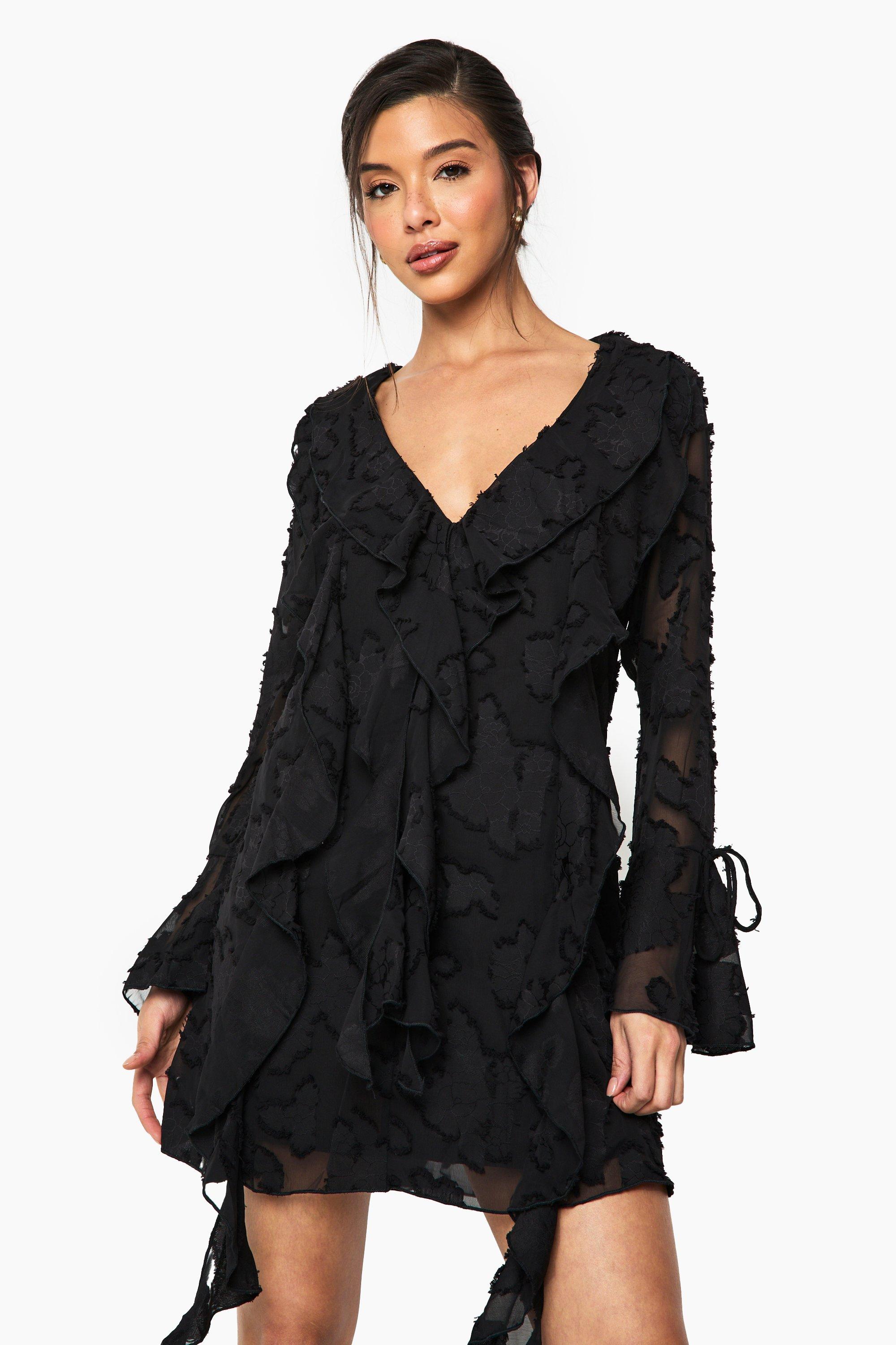 Vestito a trapezio in burnout a fiori con arricciature, Nero