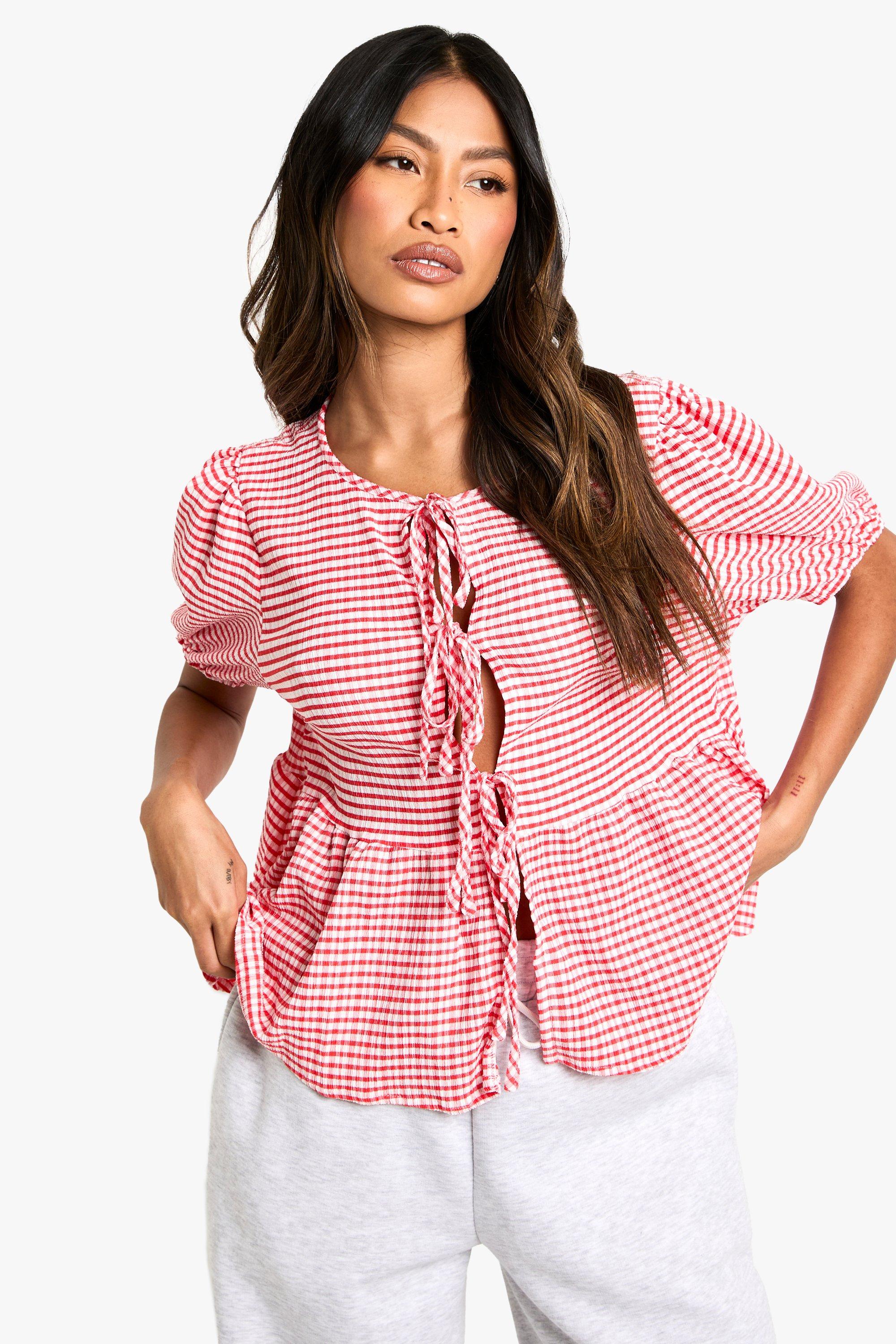 Gingham Tie Front Puff Sleeve Smock Top, Rosso