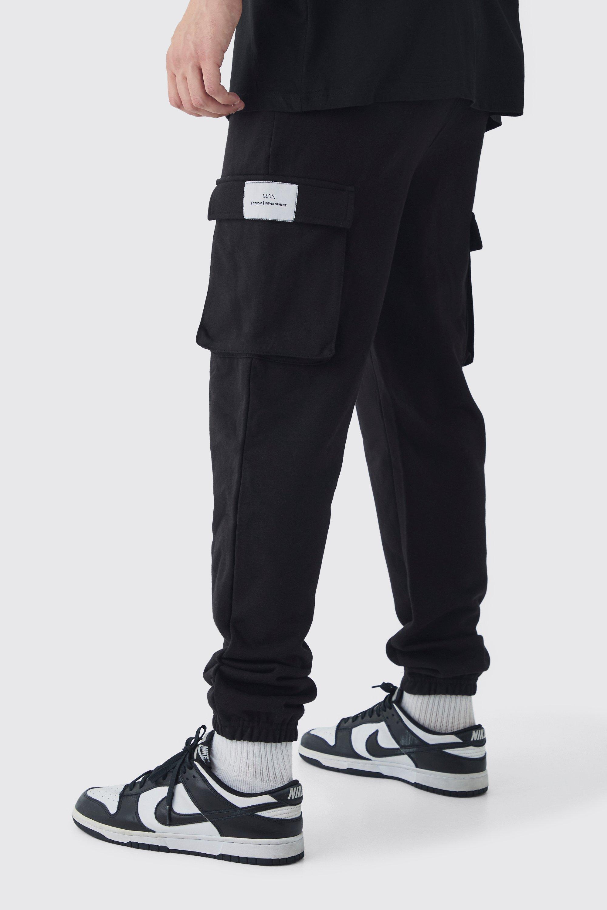Tall Woven Tab Slim Fit Cargo Joggers, Nero