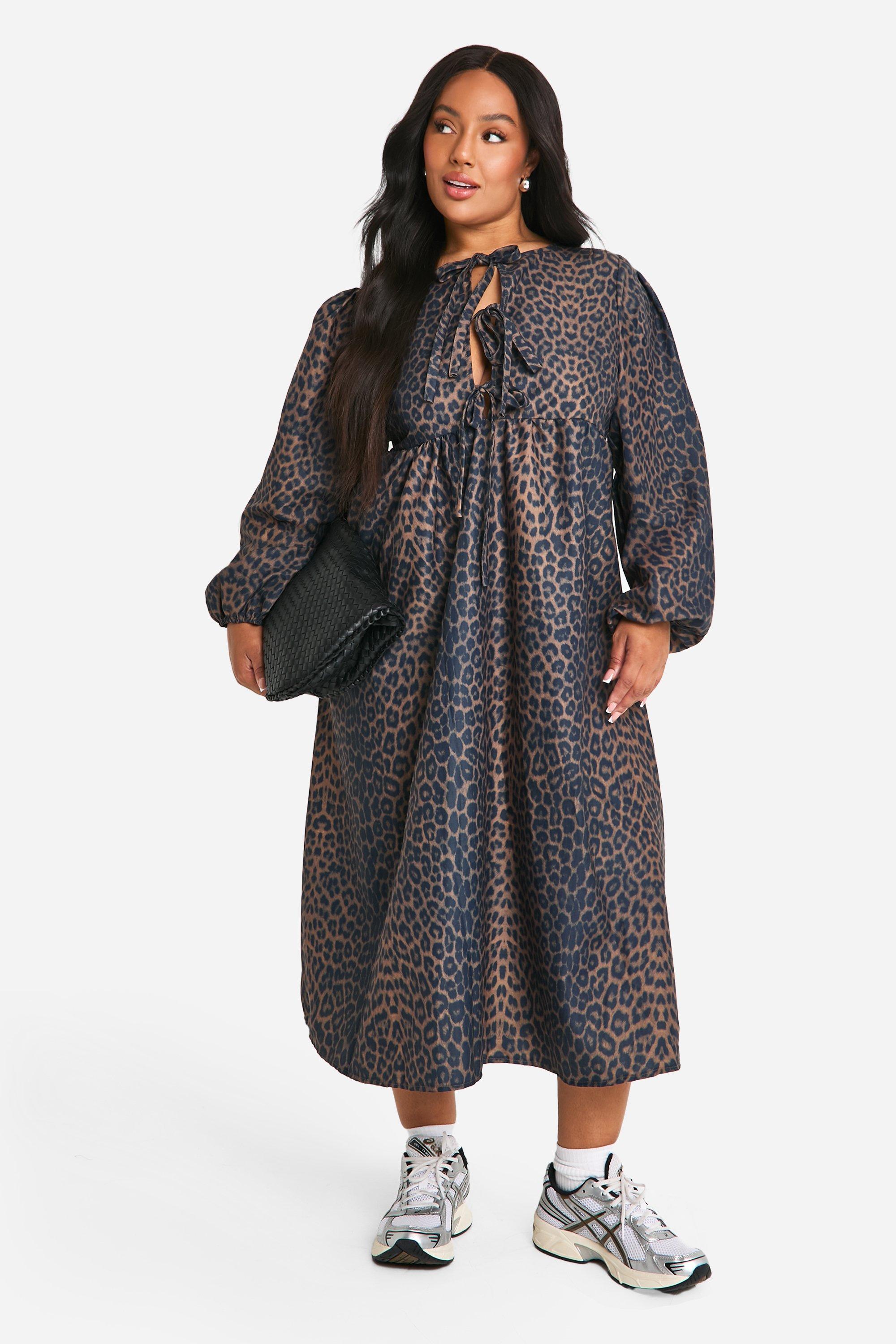 Plus Woven Leopard Midi Smock Dress, Multi