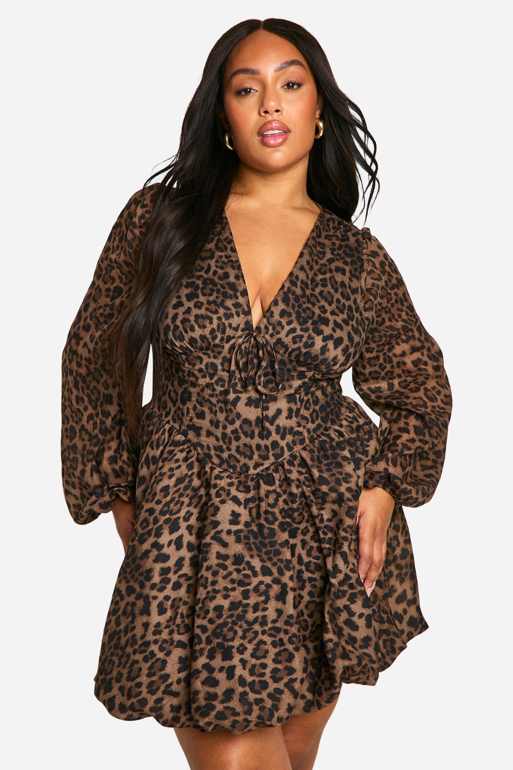 Plus Milkmaid Woven Leopard Bubble Hem Skater Dress, Multi