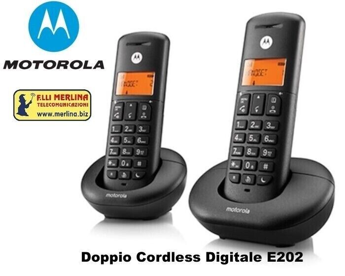 TELEFONO CORDLESS DOPPIO E202 MOTOROLA NERO DECT ID CHIAMATA VIVAVOCE