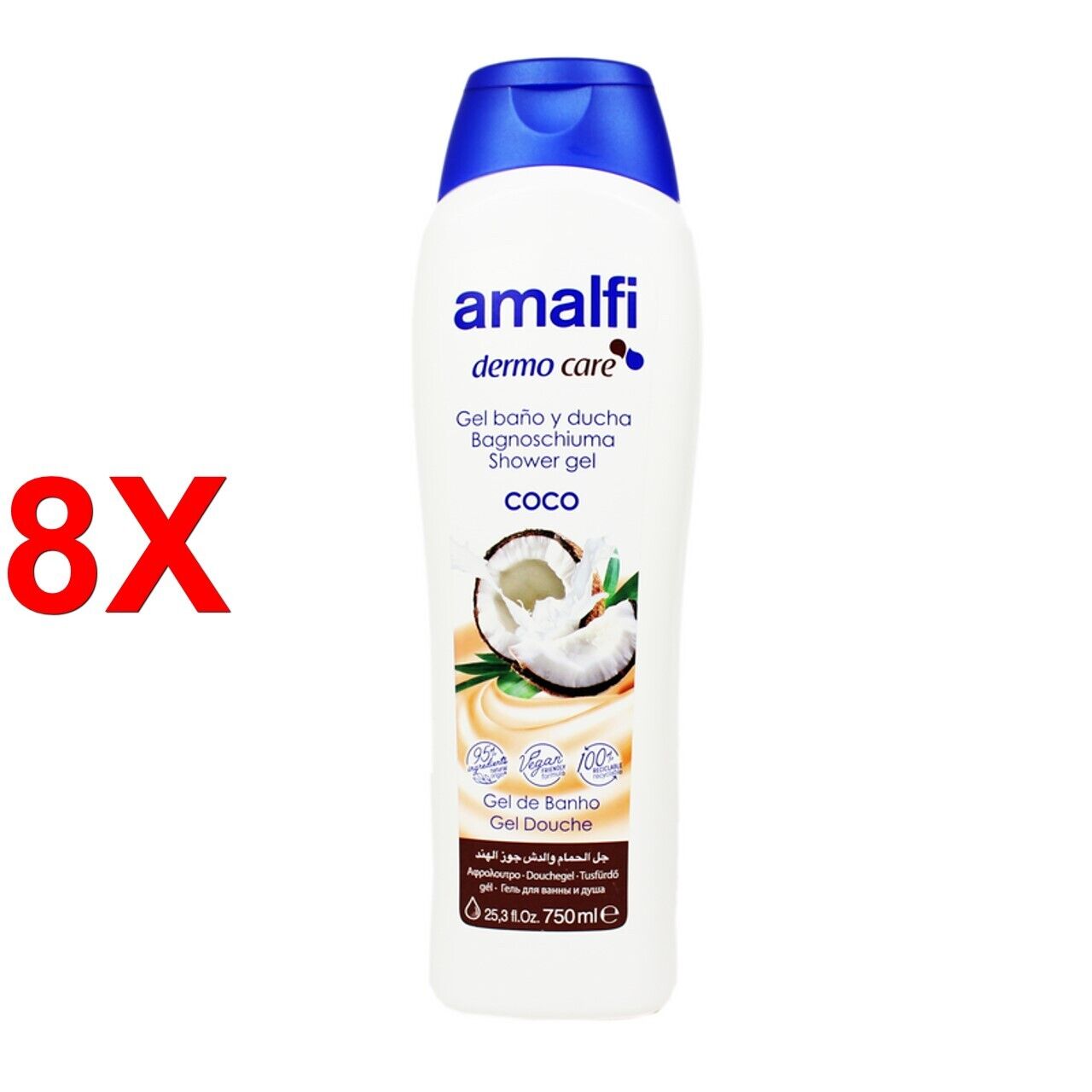8 X Amalfi Bagnoschiuma Dermo Care Cocco 750 Ml