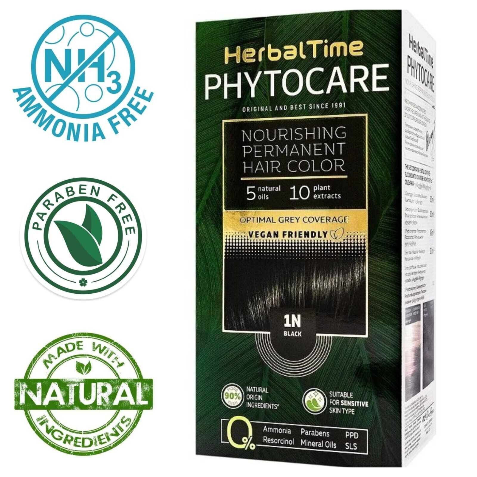 Tinta per capelli nutriente senza ammoniaca 1N Nero "Herbal Time Phytocare"