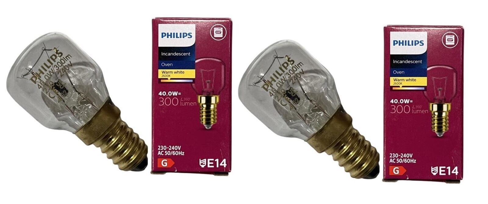 2 X Philips Marca Forno 40w Lampada Ses E14 Piccolo Tappo a Vite 300° Fornello
