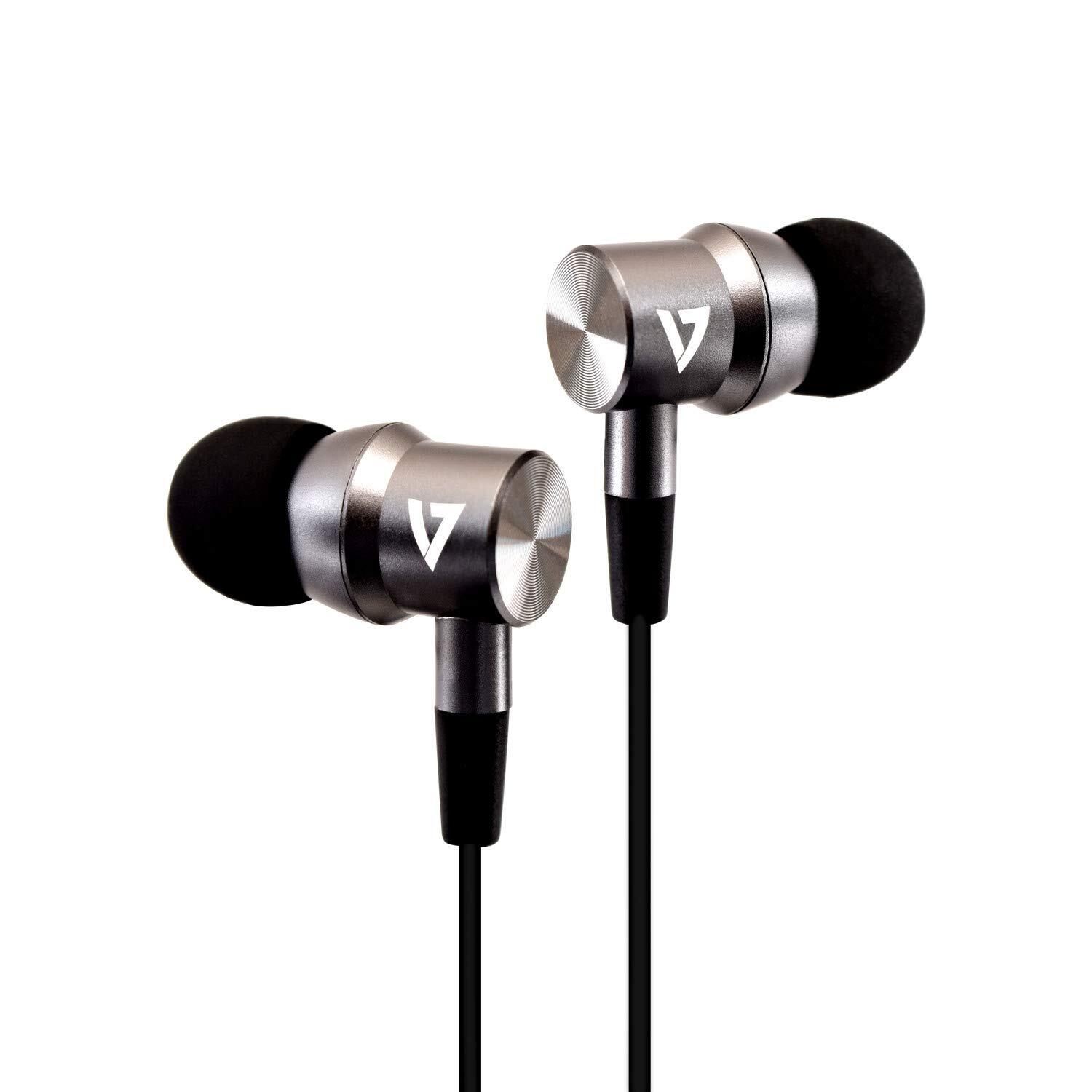 V7 HA111 Noise Isolating Stereo Earbuds with Microphone - Silver & Black