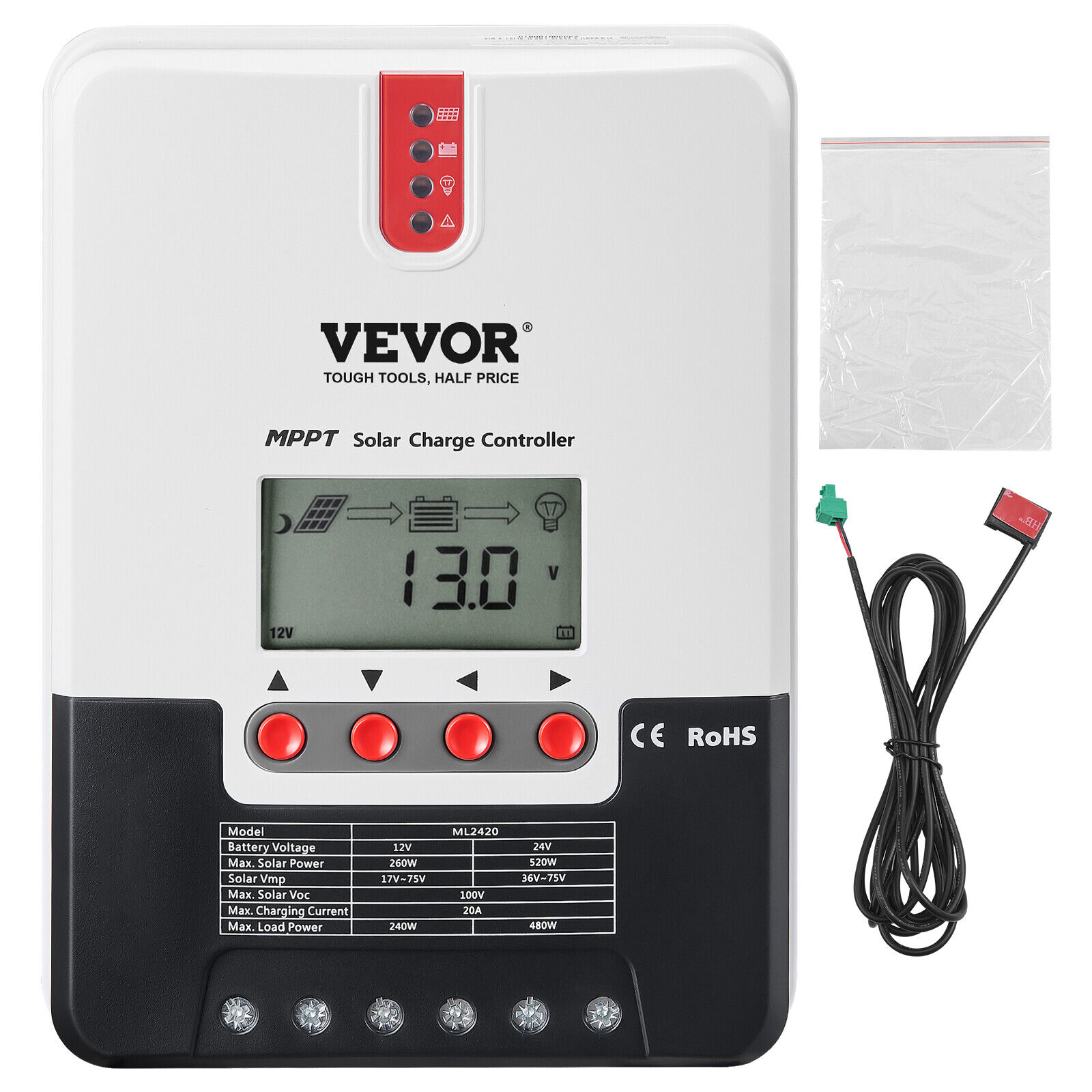 VEVOR Regolatore di Carica Solare MPPT Controllo Pannello Solare 20A 12V / 24V