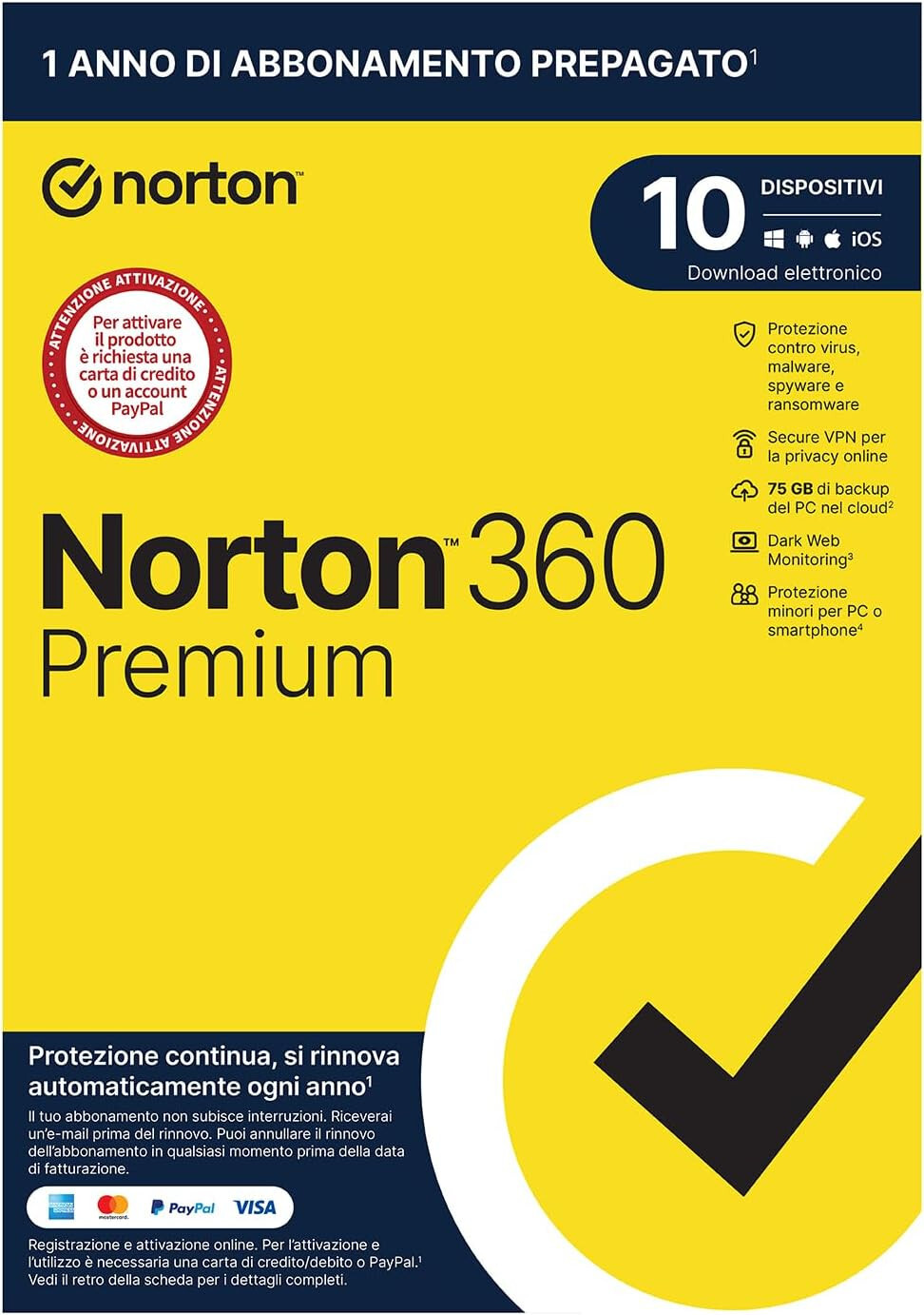 NORTON 360 Premium 2024 10 PC 1 Anno |Win, Mac, Android, iOS| Internet Security