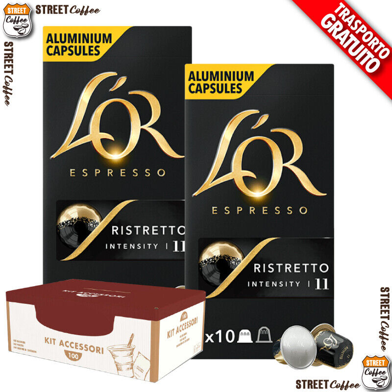 100 Cialde Capsule Caffe L'OR Comp. Nespresso Ristretto 11 + kit accessori *