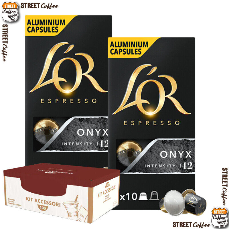 100 Cialde Capsule Caffe L'OR Comp. Nespresso Miscela Onyx + kit accessori