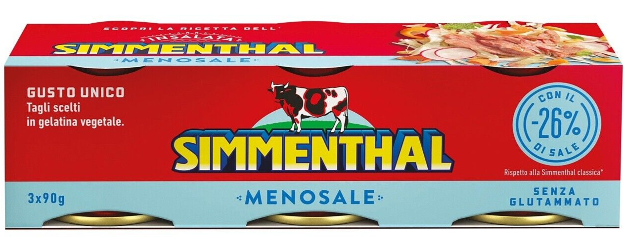 SIMMENTHAL MENO SALE CARNE IN SCATOLA ITALIANA MAGRA IN GELATINA SIMMENTAL 3x90g