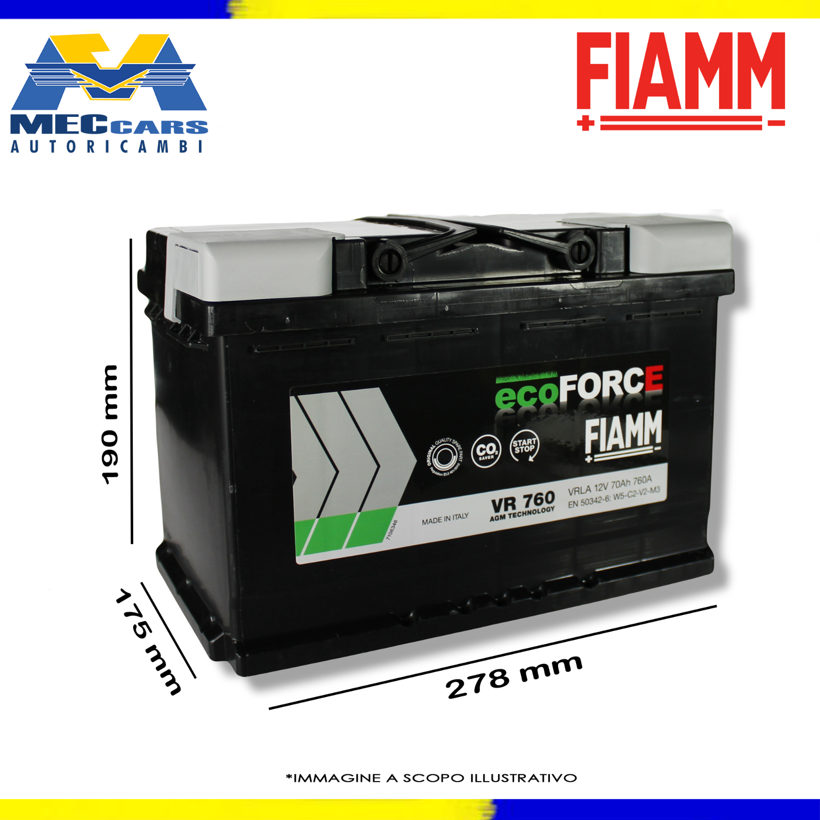 FIAMM BATTERIA 12V 70AH 760A AGM VR760 START & STOP 7906200 278x175x190 mm