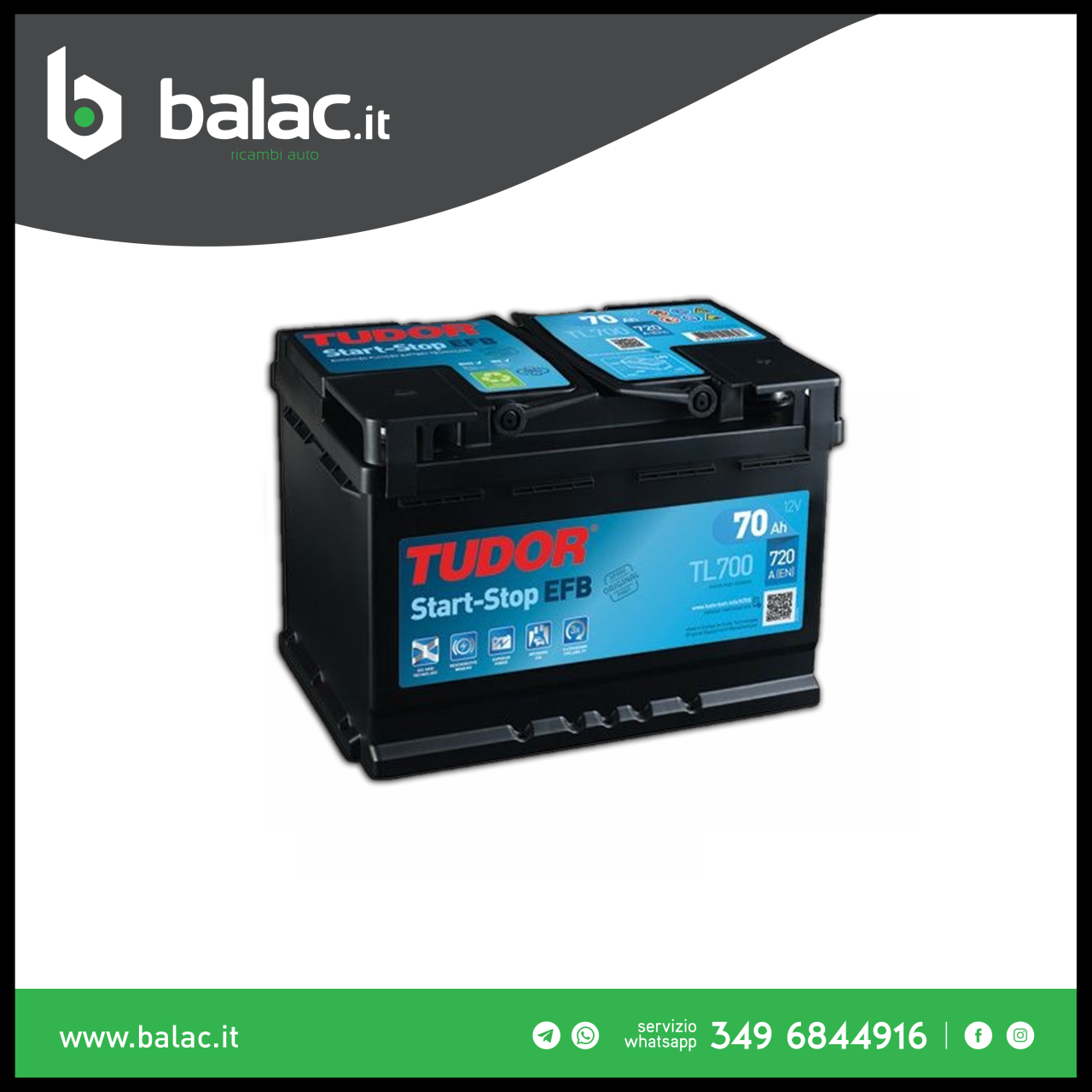 Batteria Tudor TL700 70Ah 720A 12V Efb Microhybrid