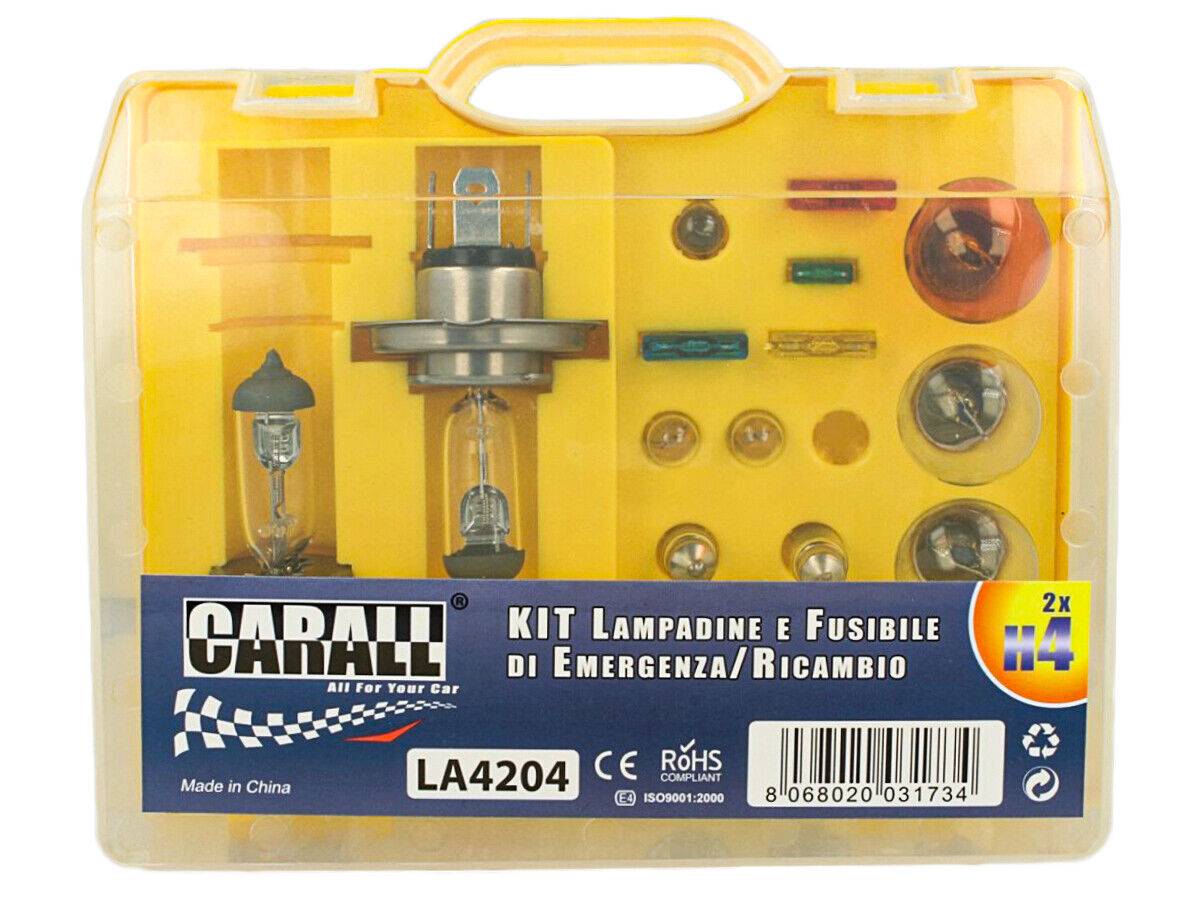 Kit Lampade Ricambio Emergenza Alogena Auto Bulbset 2X H4 12V 4 Fusibile (17 pz)