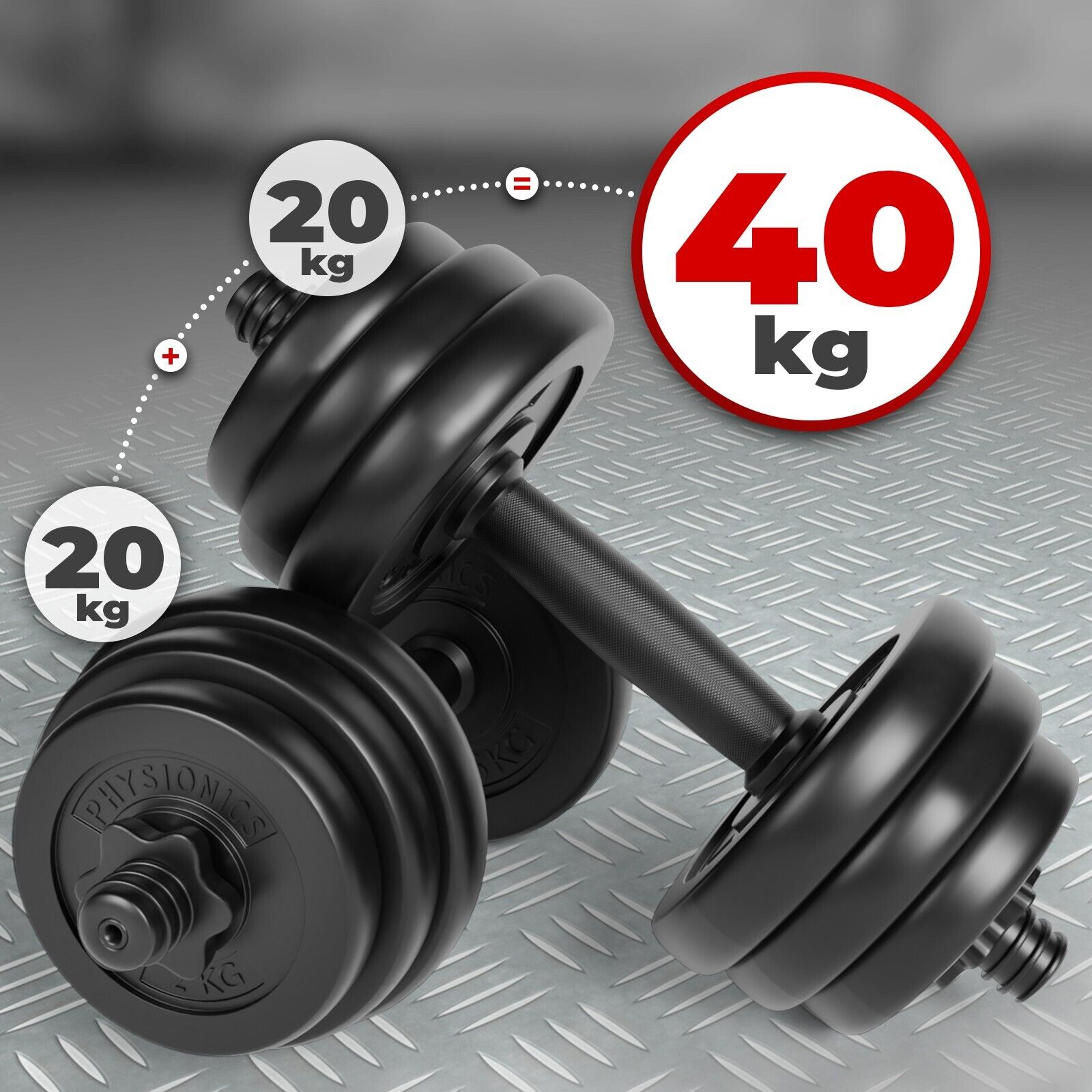 Set di Manubri - 40 kg (2 x 20 kg), 12 Dischi Rivestiti in Plastica, Ø 25 mm