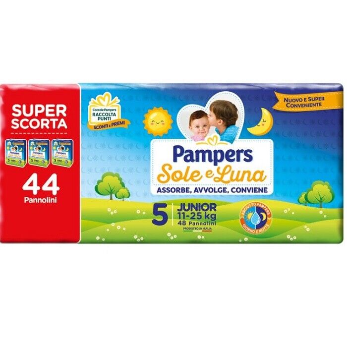 Pampers Sole Luna Triopack Taglia 5 Junior (11-25 Kg) Confezione da 44 pannolini
