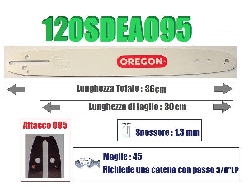OREGON 120SDEA095 BARRA LAMA MOTOSEGA  PASSO 3/8'' LP  SPESSORE 1.3mm  45 MAGLIE