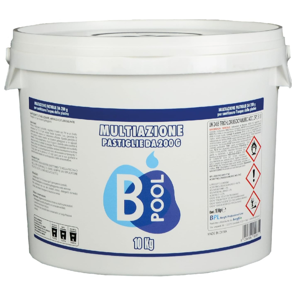 B Pool CLORO MULTIFUNZIONE PASTIGLIE 200 gr MULTIAZIONE per ACQUA PISCINA 10 kg