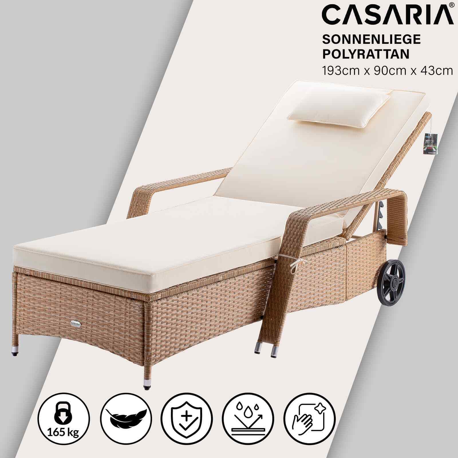 Lettino prendisole in polyrattan crema/crema 193x90x43 cm con ruote