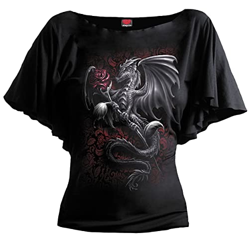 Spiral Direct Dragon Rose-Boat Neck Bat Sleeve Top T-Shirt, Nero (Black 001), 40 (Taglia Produttore: Small) Donna