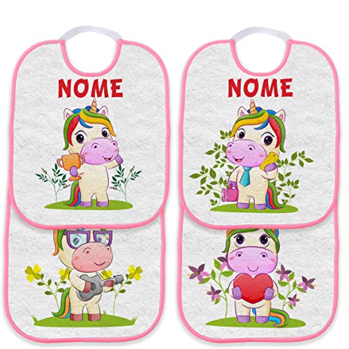 Csm Informatica Set 4 Bavetta Bavaglino Asilo Personalizzabile Con Nome Unicorno Rosa Spugna Qualita' Certificata Oeko-Tex Standard 100 ® Classe 1 Pro