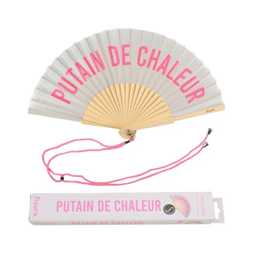 Fisura - Originale Ventaglio "P*Tain De Chaleur" Francese. Ventilatore A Mano In Legno Moderno E Divertente. Ventaglio Grigio E Rosa. Misure: 42,5 X 2