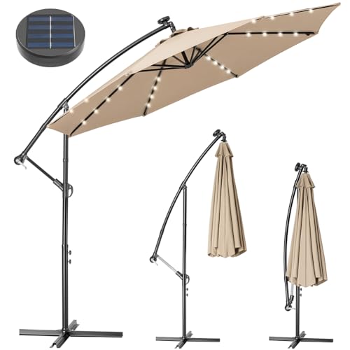 Bakaji Ombrellone Da Giardino Terrazzo Con Luce 32 Led E Pannello Solare Dimensioni 3X3 Mt Richiudibile Palo Laterale Decentrato Acciaio Base Croce In