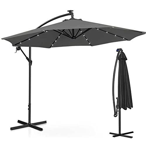 Bakaji Ombrellone Da Giardino Terrazzo Con Luce 32 Led E Pannello Solare Dimensioni 3X3 Mt Richiudibile Palo Laterale Decentrato Acciaio Base Croce In