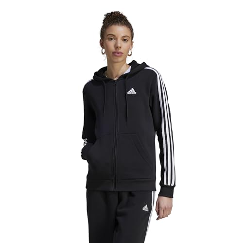 Adidas Essentials 3-Stripes Full-Zip Fleece Top Con Cappuccio, Black/White, M Donna