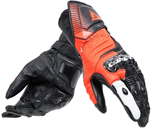 Dainese - Carbon 4 Long Gloves, Guanto Moto Lungo In Pelle, Con Protezioni Delle Nocche In Carbonio, Uomo, Nero/Rosso-Fluo/Bianco, M