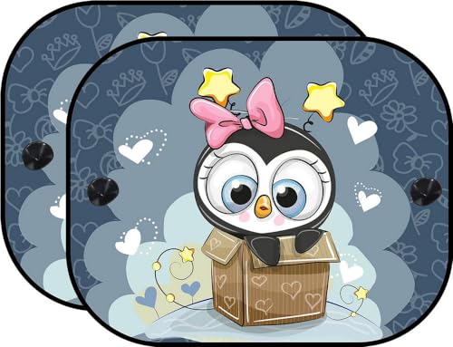 Coppia Tendine Laterali Auto Attacco A Ventosa Pinguino Salvaspazio Protezione Universali Bambini Oscuramento 44X36 Cm