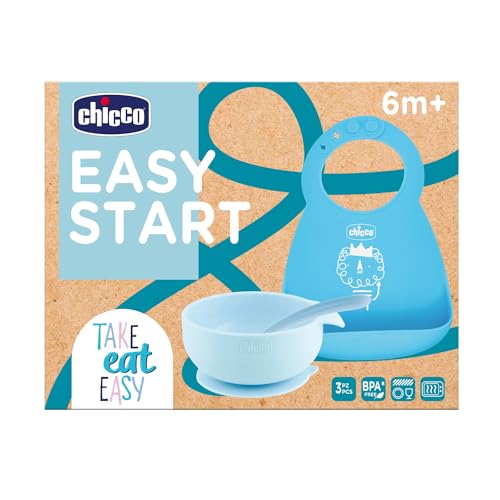 Chicco Set Pappa Silicone Easy Start, Set Pappa Bambino Antiscivolo, Senza Bpa, Set Svezzamento 3 Pezzi Composto Da Bavaglino Rigido Easy Roll, Ciotol