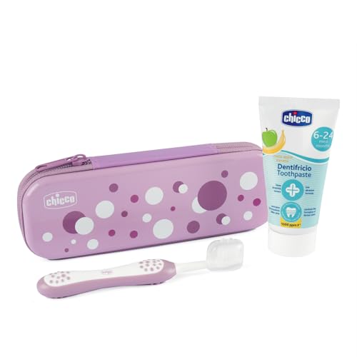Chicco Set Spazzolino E Dentifricio Per Bambini, Con Pratico Astuccio, Set Comprende Dentifricio Al Gusto Mela Banana E Spazzolino, Per I Primi Denti