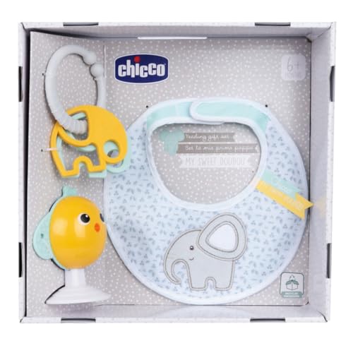 Chicco Set Regalo La Mia Prima Pappa, Set Composto Da Bavaglino, Gioco Per Seggiolone Con Ventosa A Forma Di Simpatico Pulcino, Con Due Sonagli Colora