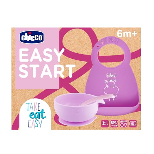 Chicco Set Pappa Silicone F Set Pappa Bambina Antiscivolo, Senza Bpa, Set Svezzamento 3 Pezzi Composto Da Bavaglino Rigido Easy Roll, Ciotola Easy Con