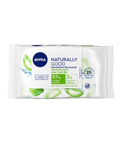 Nivea Naturally Good Salviette Struccanti In Confezione Da 25 Pz, Salviettine Viso Con Aloe Vera Bio Per Pelli Sensibili, Salviettine Struccanti In Te