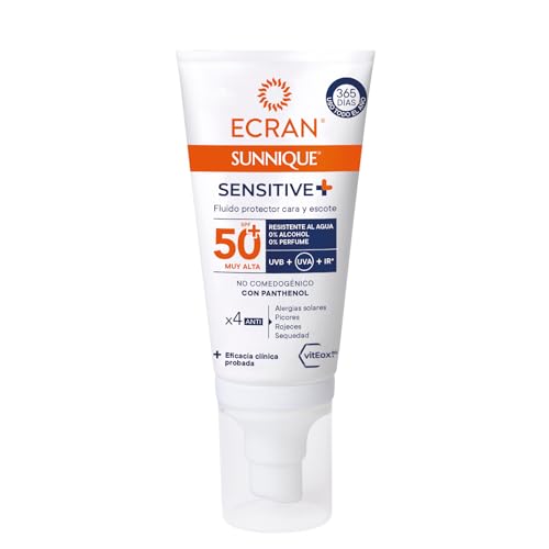 Ecran Sunnique Sensitive - Fluido Protettivo Viso Per Viso E Scollatura Fps +50 | Formula Con Pantenolo, Impermeabile, Senza Profumo E Alcool Per Pell