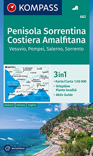 Carta Escursionistica Kom 682. Penisola Sorrentina, Costiera Amalfitana, Vesuvio, Pompei, Salerno, Sorrento: 3In1 Wanderkarte Mit Aktiv Guide Und Orts