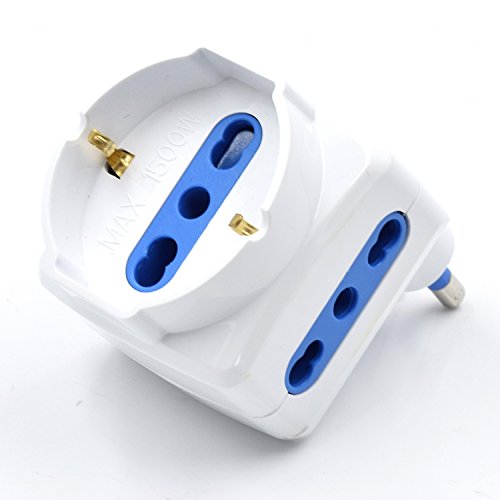Adattatore Salvaspazio Bianco, 2 Prese Italiane 10/16A E 1 Presa Schuko 16A, Spina Italiana 16A, Compatto